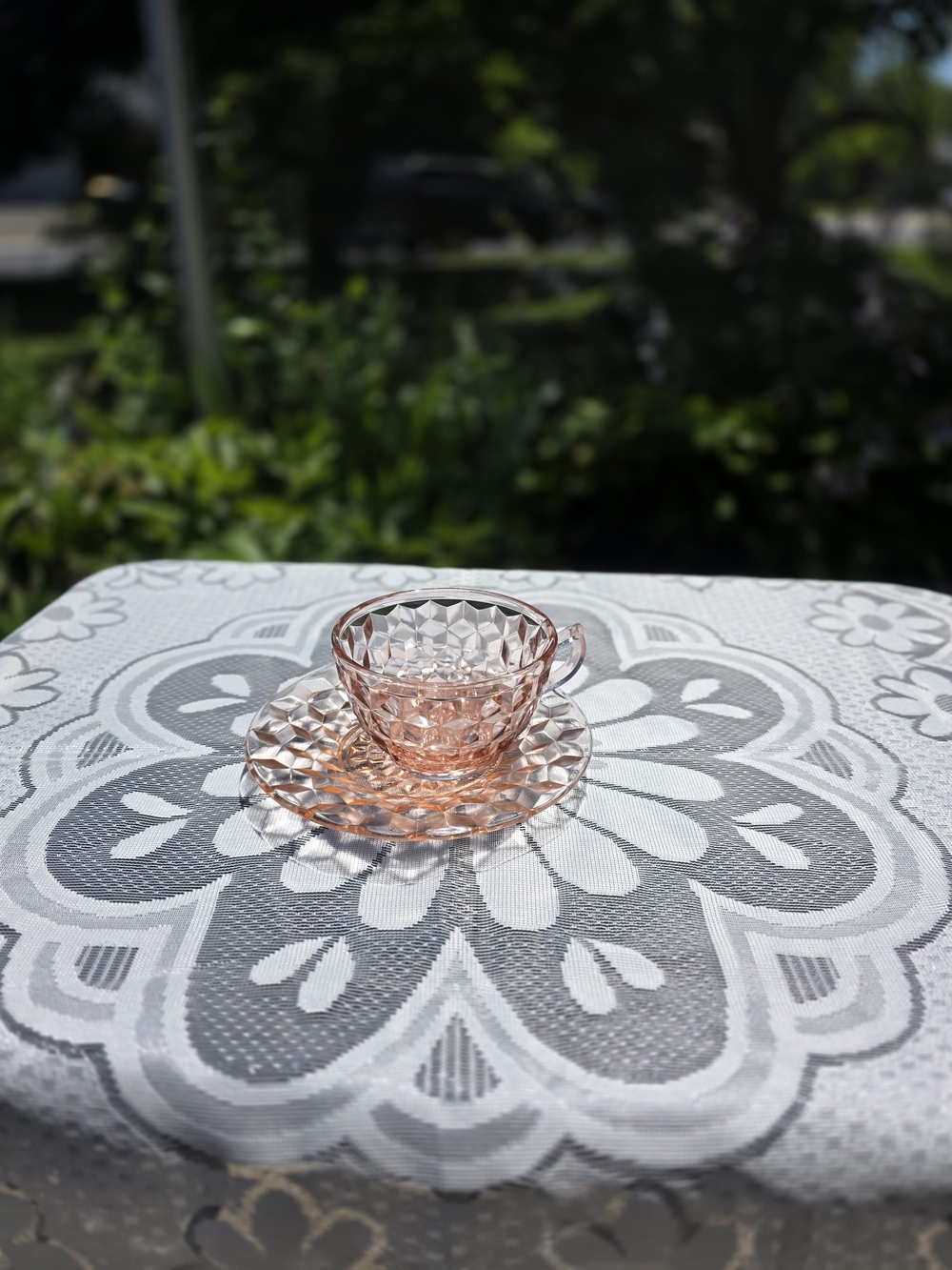 Vintage Pink Pressed Glass Teacup and Saucer - Pink